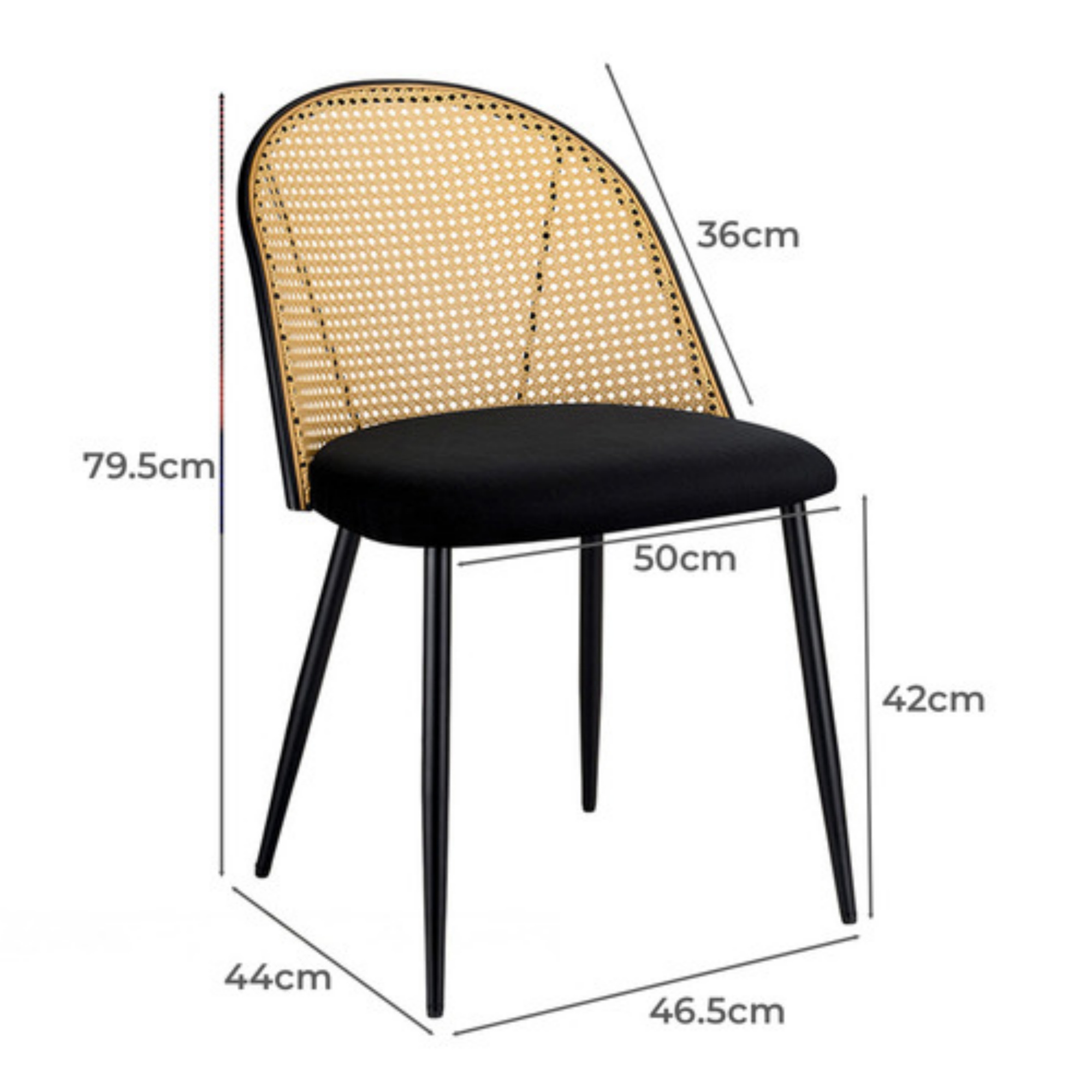 PU Leather Dining Side Chairs Curved Rattan Back Seat Metal Legs Set of 2 Black/White(Natural)