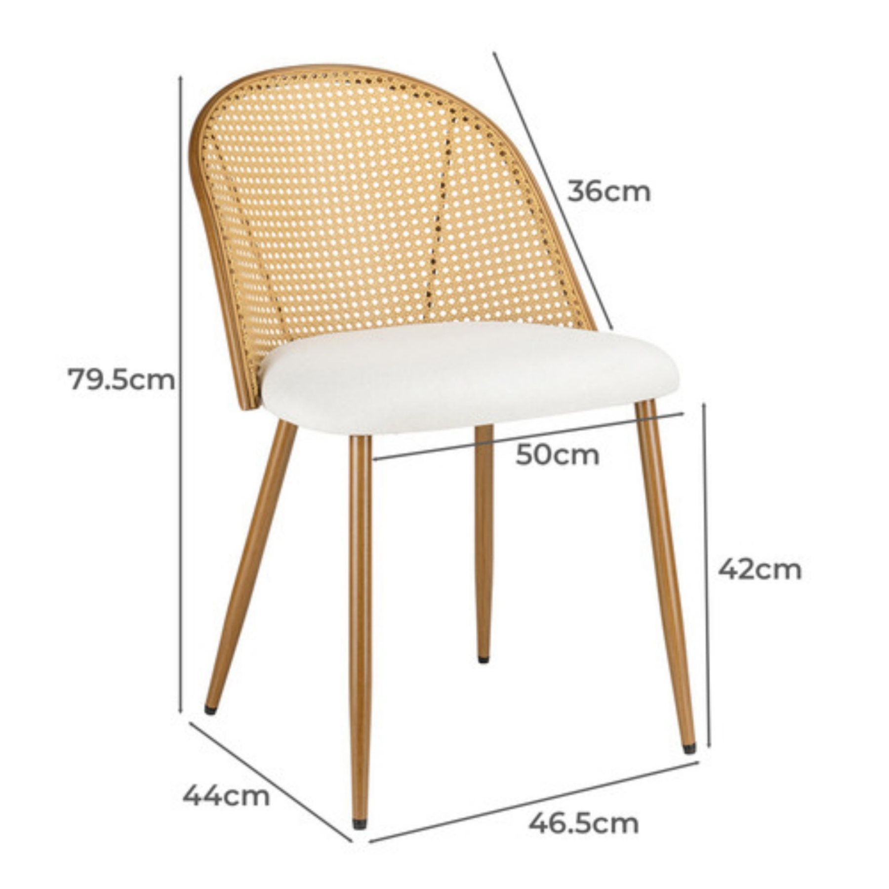 PU Leather Dining Side Chairs Curved Rattan Back Seat Metal Legs Set of 2 Black/White(Natural)