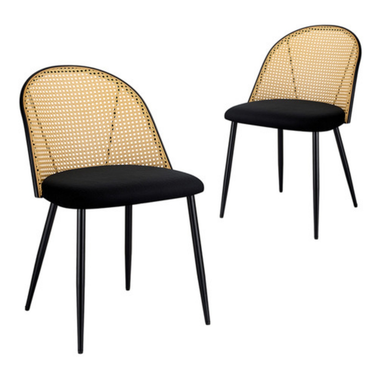 PU Leather Dining Side Chairs Curved Rattan Back Seat Metal Legs Set of 2 Black/White(Natural)