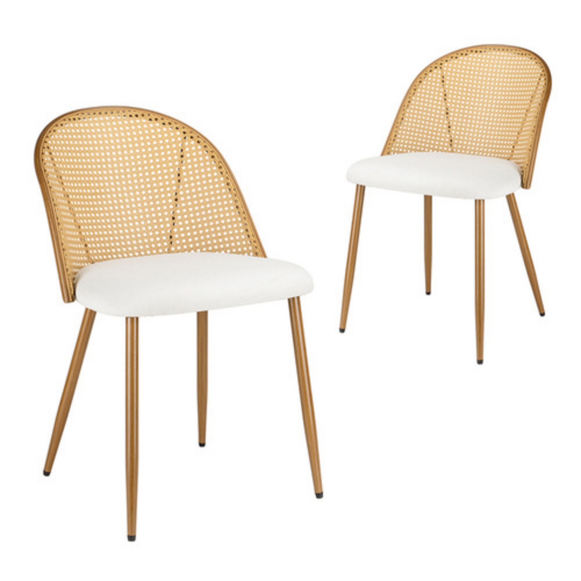 PU Leather Dining Side Chairs Curved Rattan Back Seat Metal Legs Set of 2 Black/White(Natural)