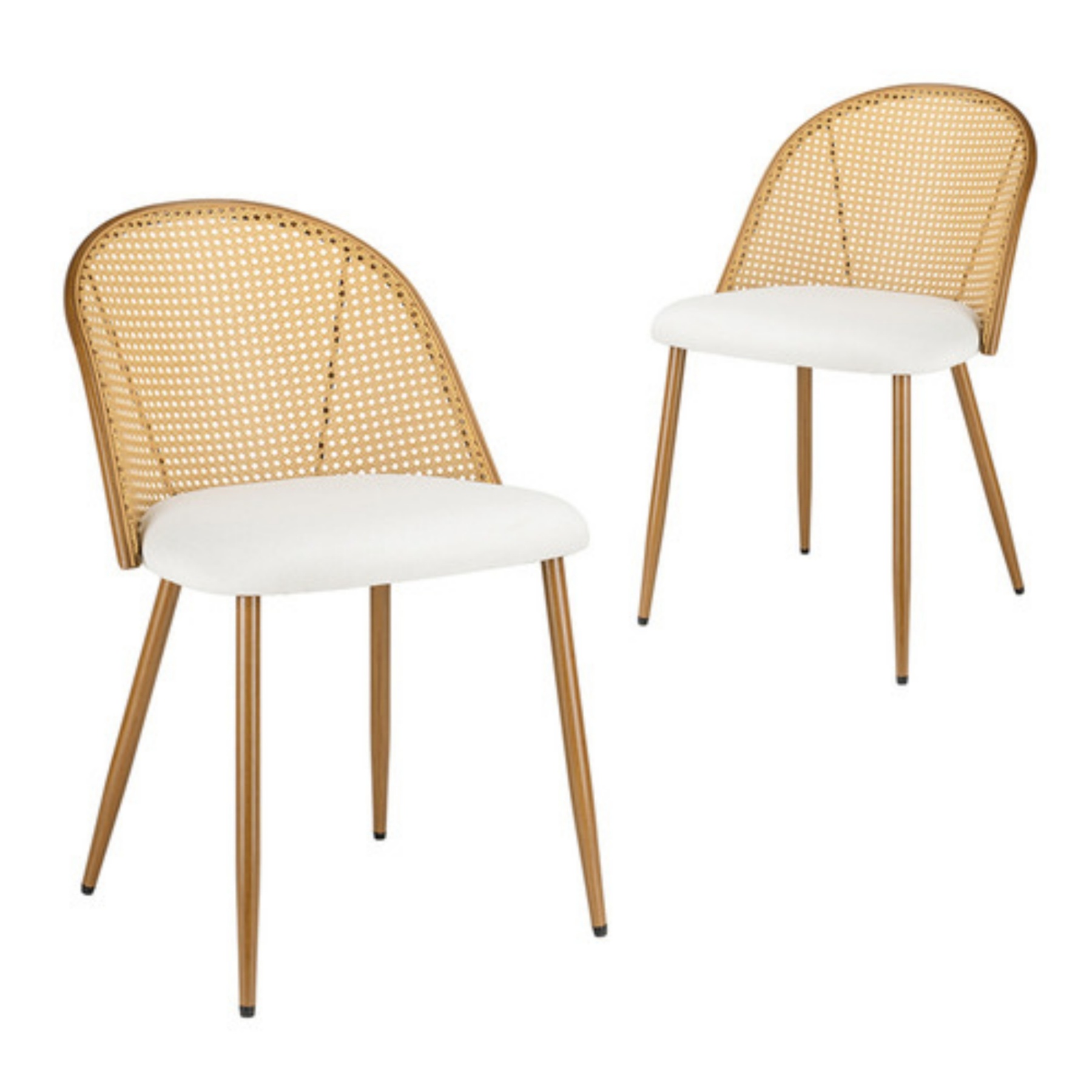 PU Leather Dining Side Chairs Curved Rattan Back Seat Metal Legs Set of 2 Black/White(Natural)