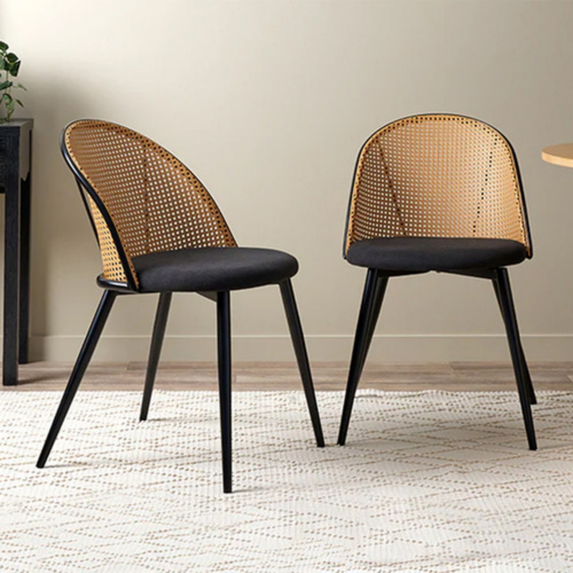PU Leather Dining Side Chairs Curved Rattan Back Seat Metal Legs Set of 2 Black/White(Natural)