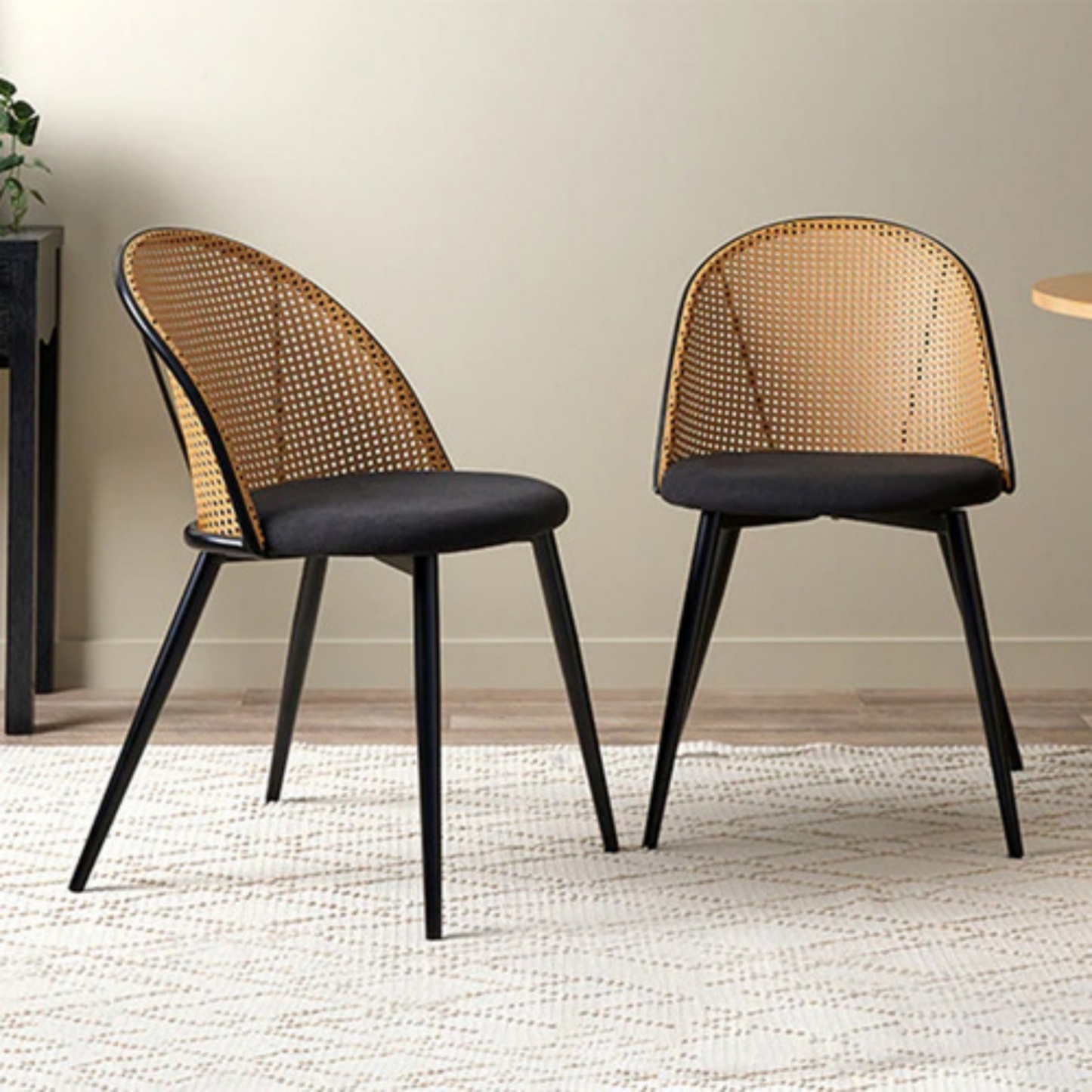 PU Leather Dining Side Chairs Curved Rattan Back Seat Metal Legs Set of 2 Black/White(Natural)