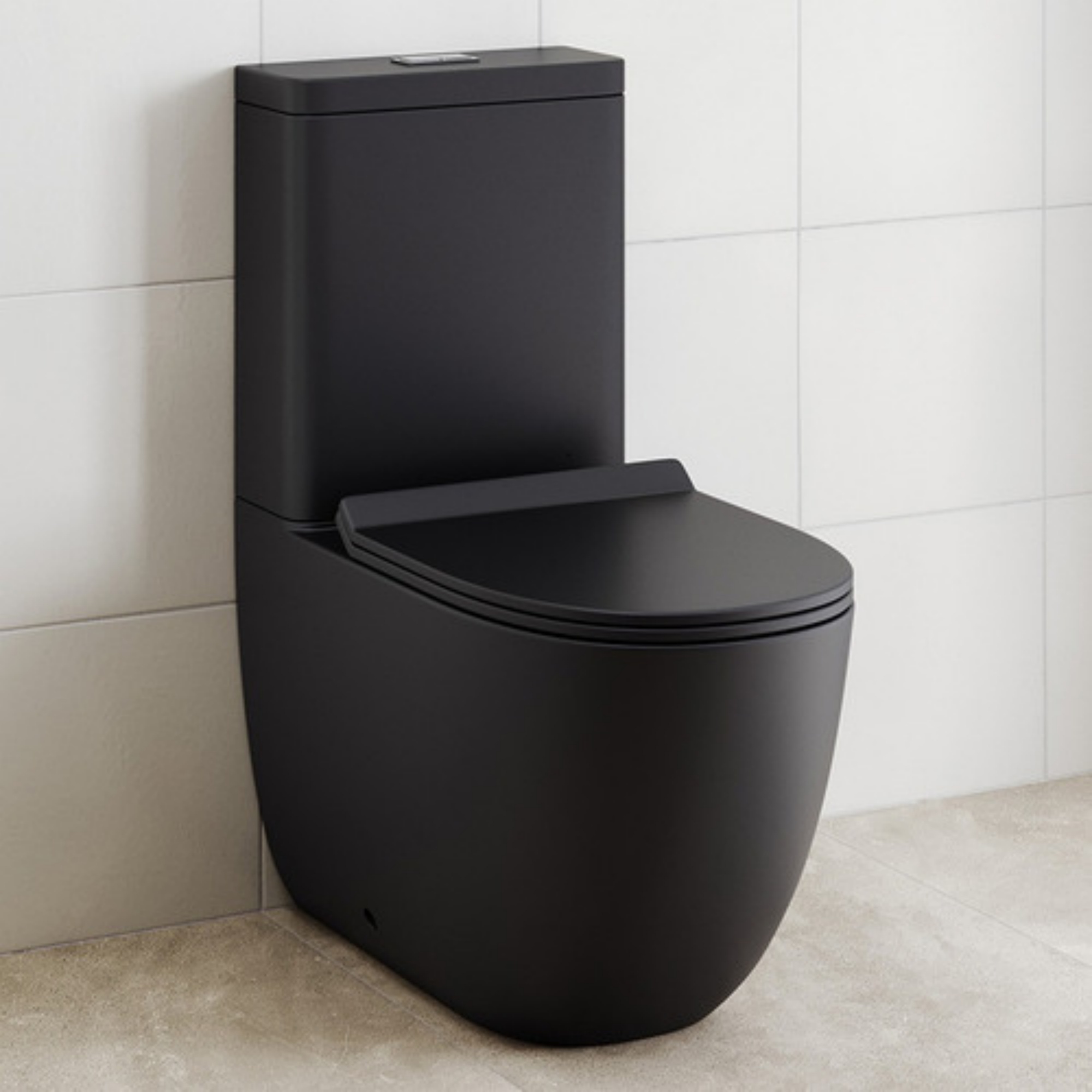Black Ceramic Tornado Rimless Wall Faced Toilet Suite Bathroom Hygiene Dual Flush Soft Close Seat