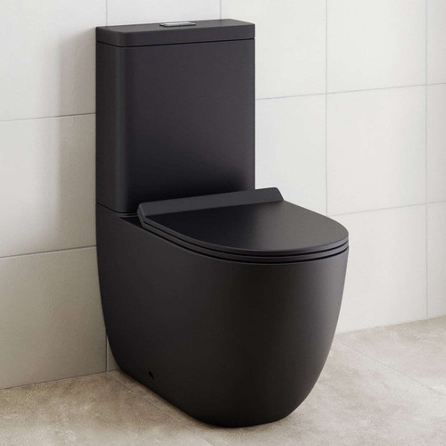 Black Ceramic Tornado Rimless Wall Faced Toilet Suite Bathroom Hygiene Dual Flush Soft Close Seat