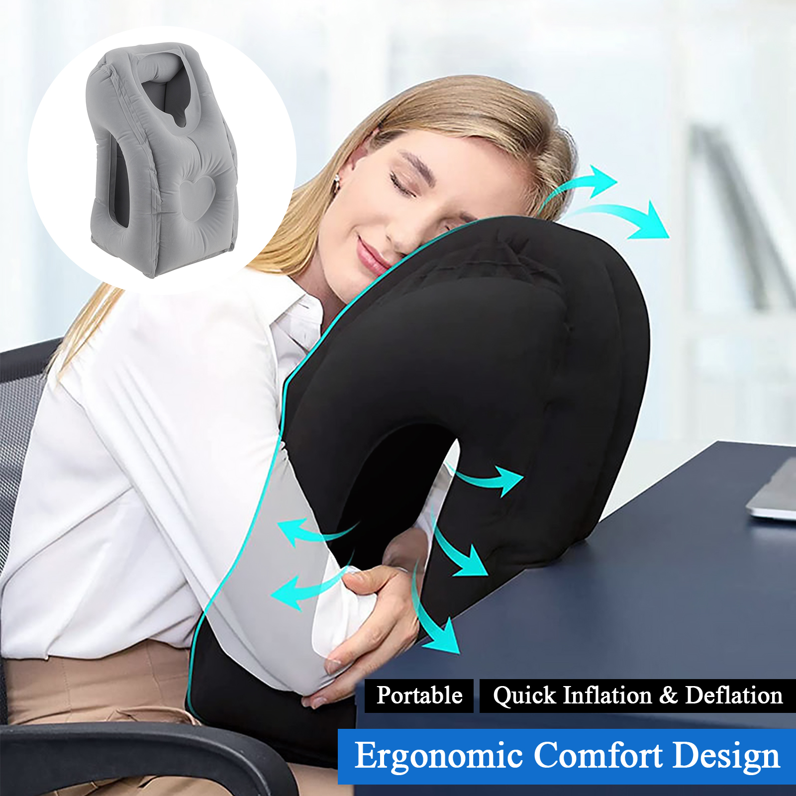 Travel Pillow Portable Inflatable Air Cushion Airplane Office Nap Neck Head Rest Black/Grey