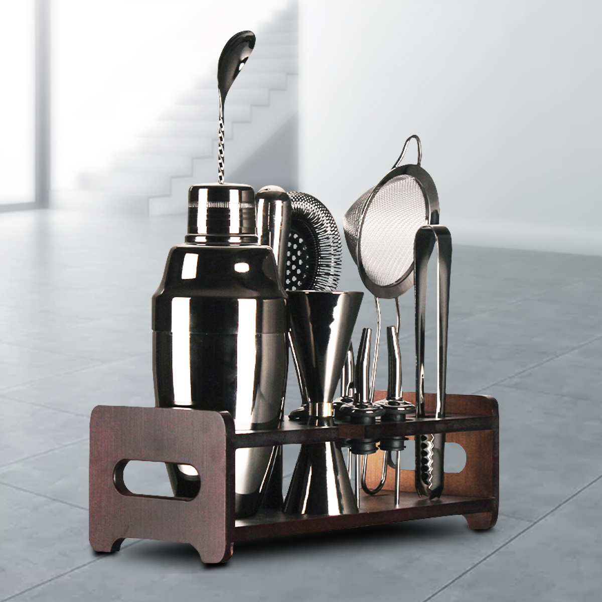 12pcs Bartender Black Cocktail Shaker Set Stainless Steel Maker Wooden Stand