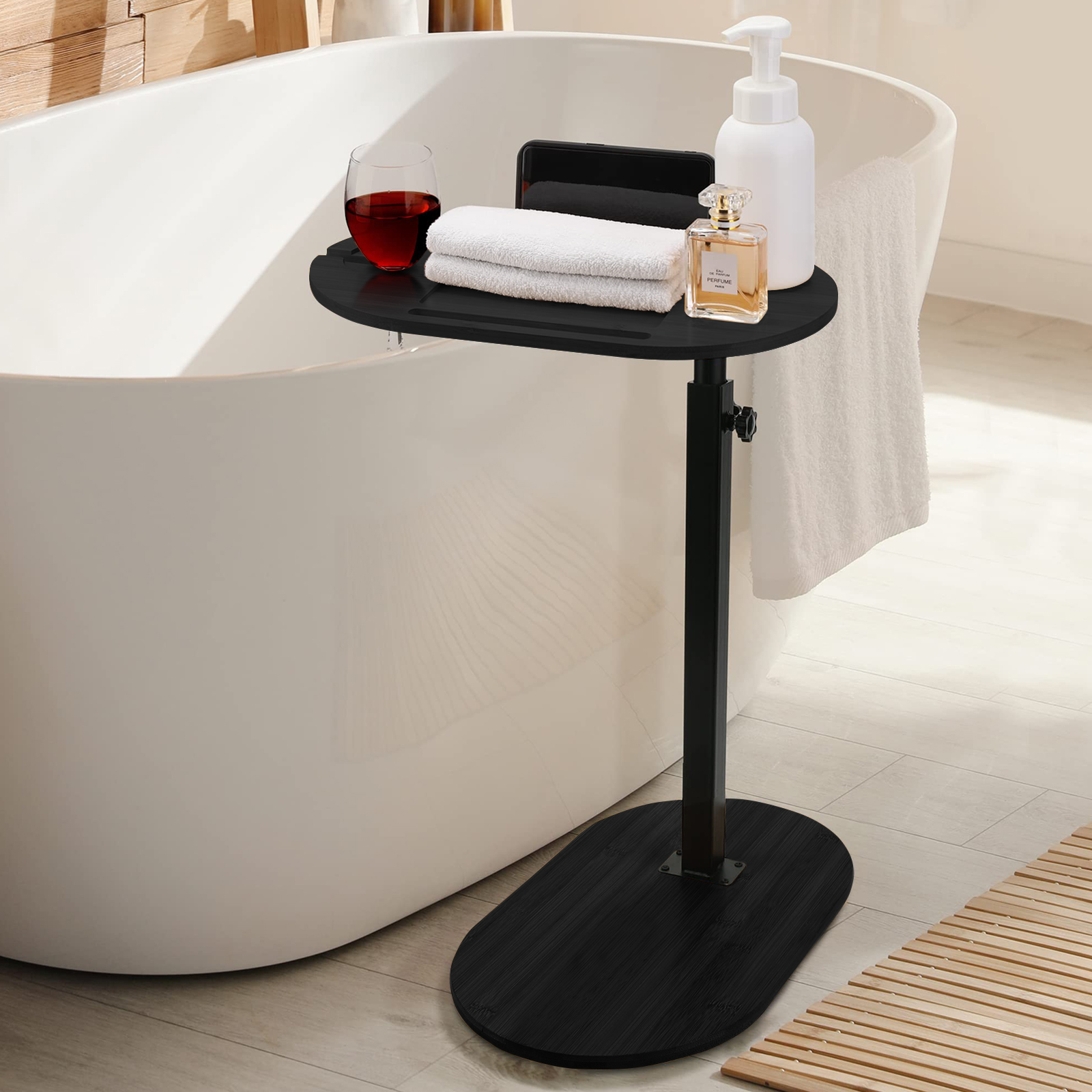 Bamboo Black Bath Tub Caddy C Shape Side End Table Height Adjustable Coffee Tray Rotating Wine Glass Phone Holder