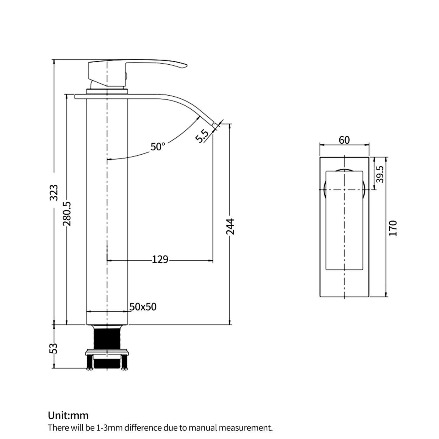 Bathroom Basin Square Tall Mixer Tap Laundry Sink Vanity Counter Top Waterfall Spout Faucet Chrome/Black