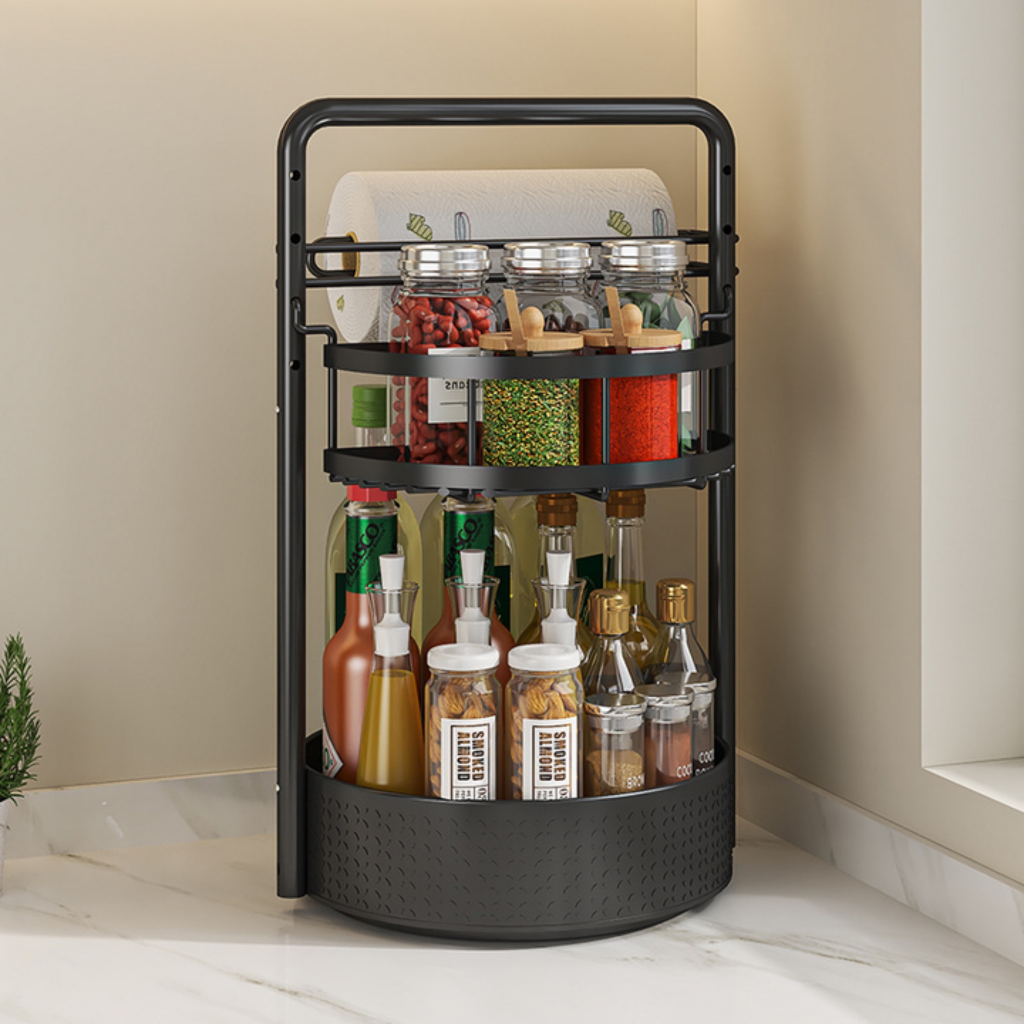 2 Tier Kitchen Rotating Spice Seasoning Lazy Susan Organizer Rack Paper Hanger Black Bathroom Cosmetics Lotion Storage Towel Holder