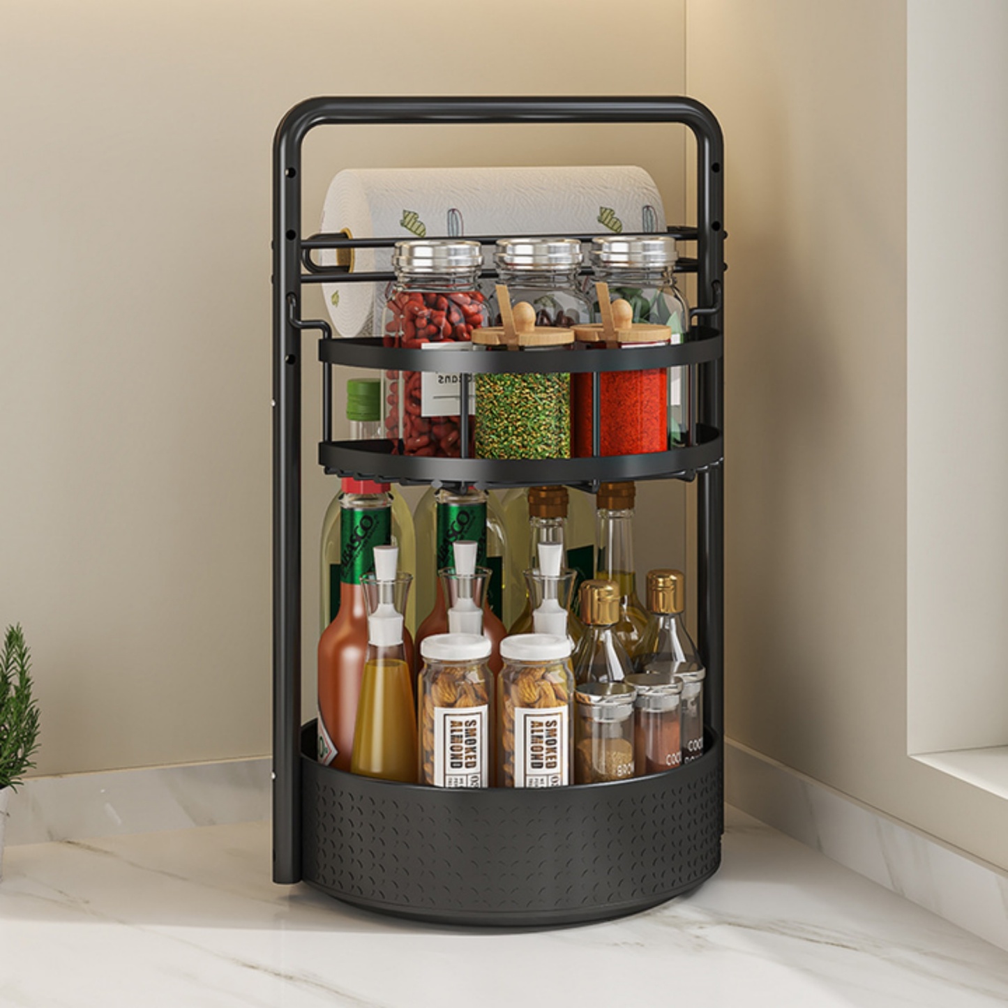 2 Tier Kitchen Rotating Spice Seasoning Lazy Susan Organizer Rack Paper Hanger Black Bathroom Cosmetics Lotion Storage Towel Holder