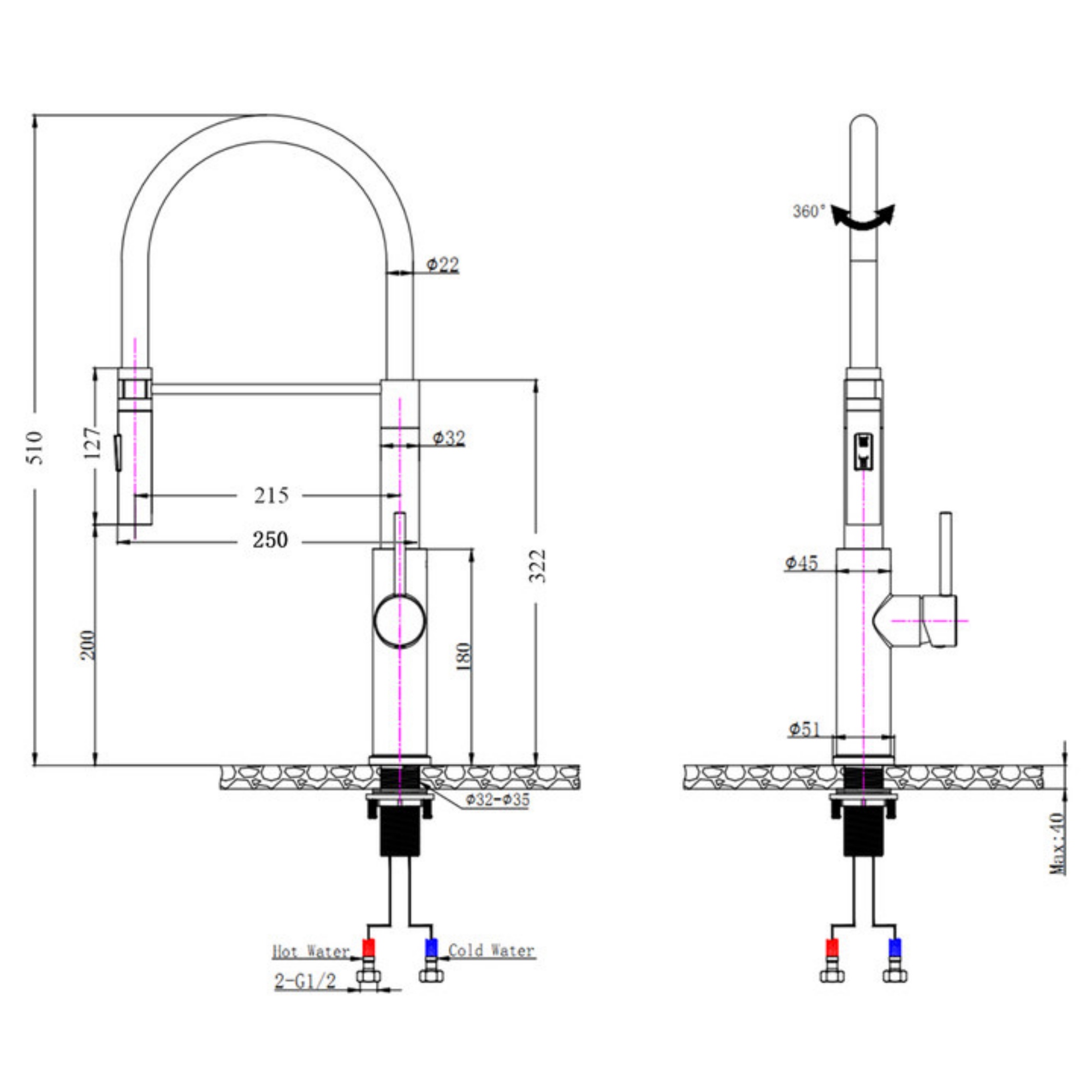 360° Swivel Pull-Out Kitchen Sink Mixer Tap 2 Function Laundry Basin Spout Faucet Chrome/Matte Black