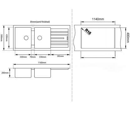 1160mm Granite Quartz Stone Kitchen Sink Double Bowls Drainboard Drainer Under/Top-Mount Black/White