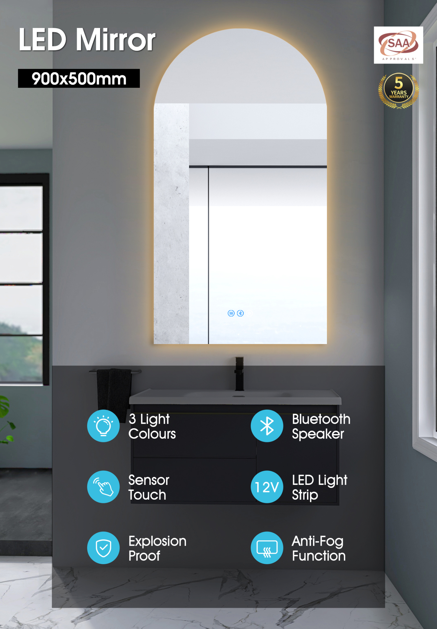 900x500mm Arched Bathroom Makeup Wall Touch LED Mirror Anti-fog Bluetooth Backlit Home Decor