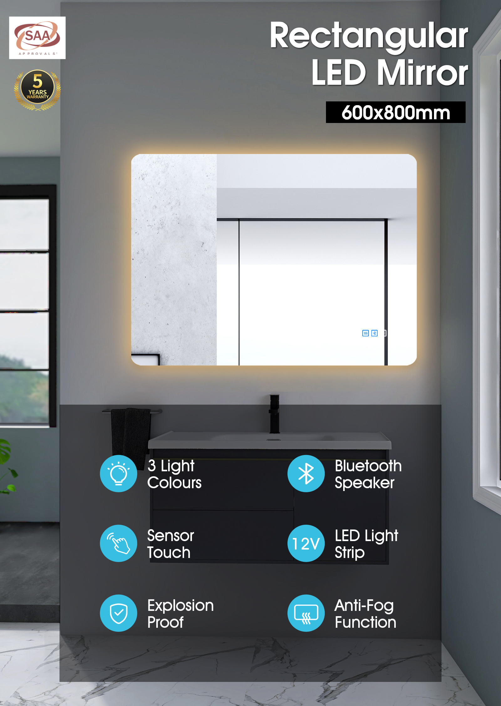 800/1000mm Bathroom Wall Mount LED Light Mirror Make-up Touch Anti-fog Bluetooth Speaker