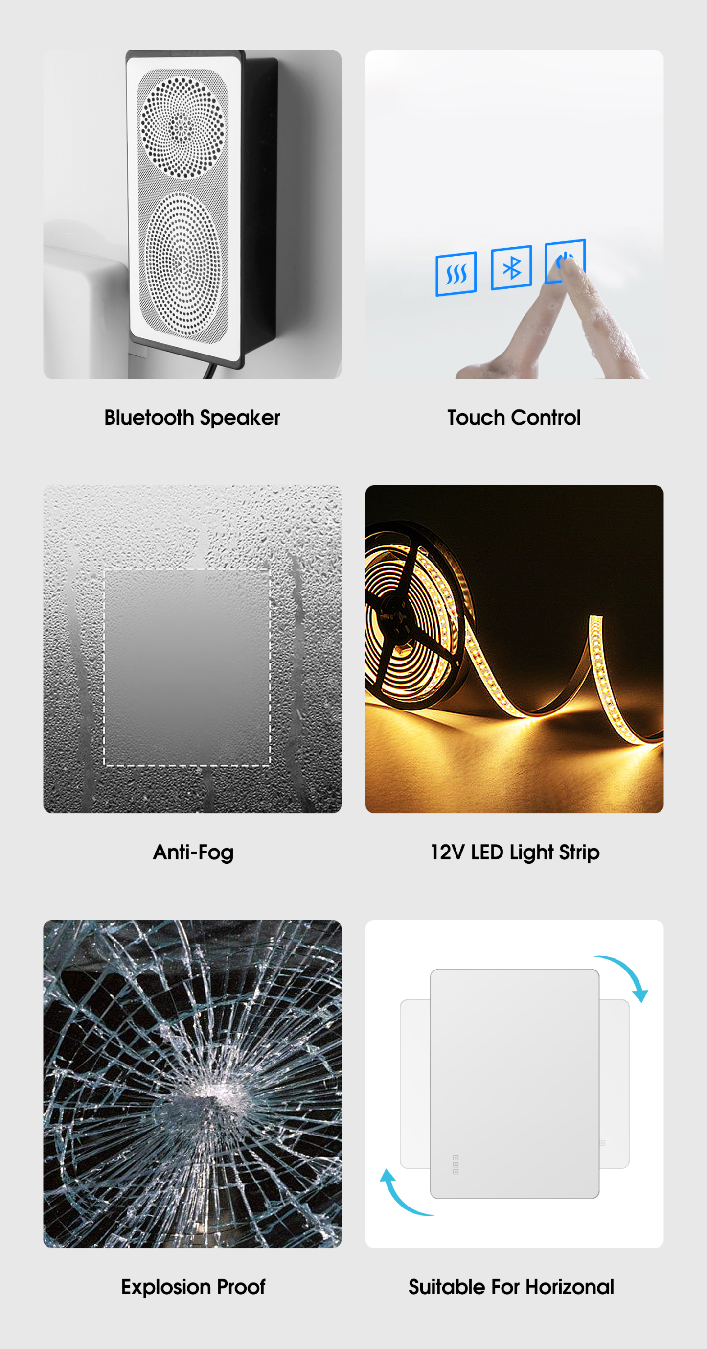 800/1000mm Bathroom Wall Mount LED Light Mirror Make-up Touch Anti-fog Bluetooth Speaker
