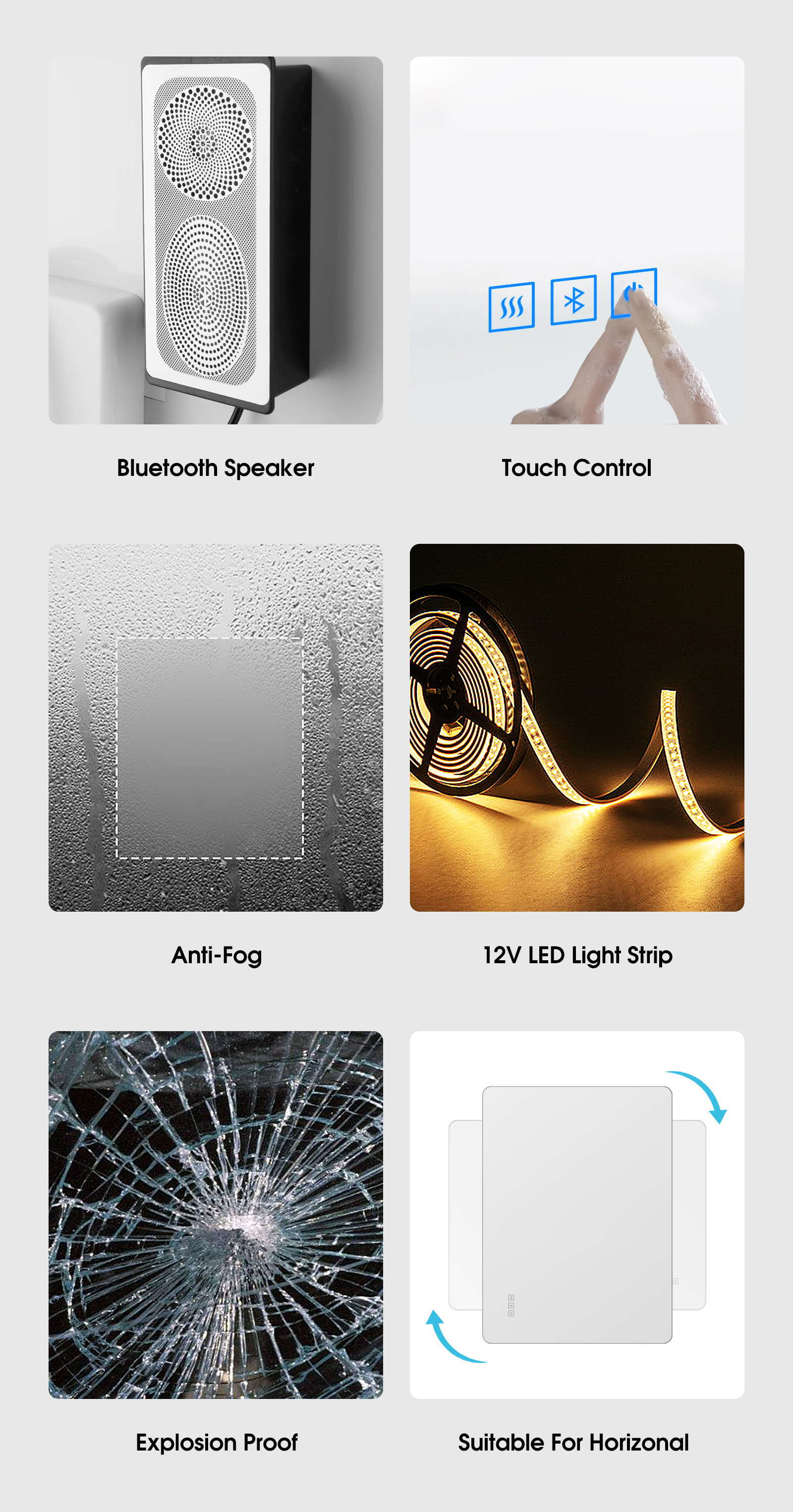 800/1000mm Bathroom Wall Mount LED Light Mirror Make-up Touch Anti-fog Bluetooth Speaker