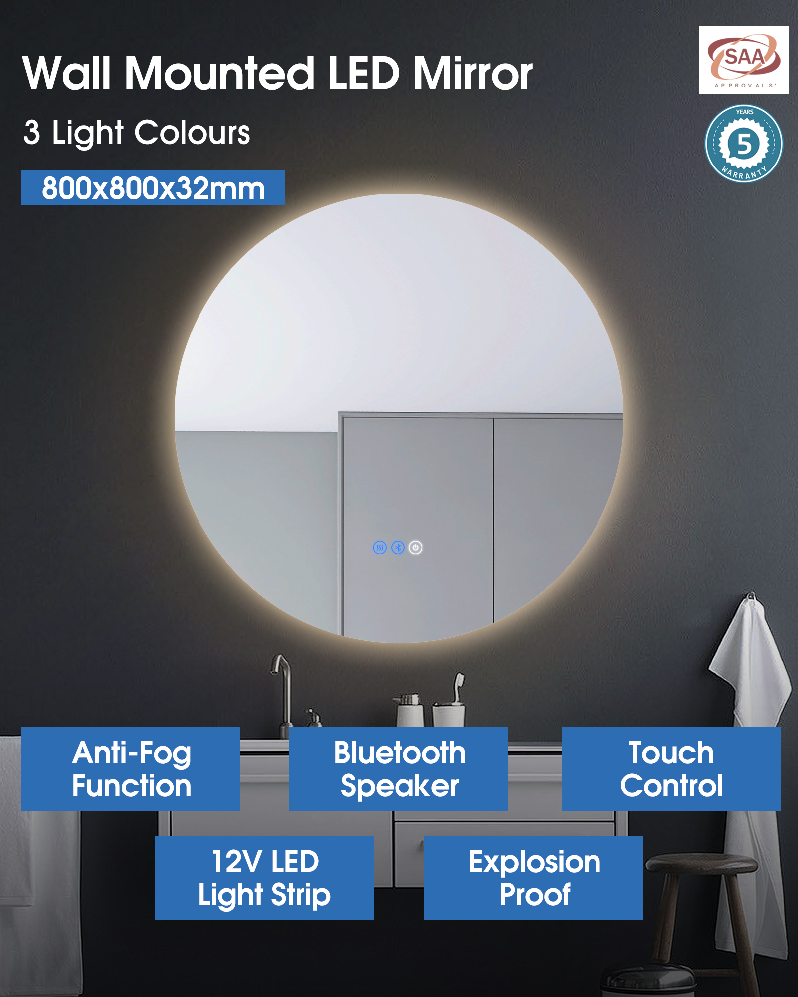 600 800mm Bathroom Round Backlit LED Mirror Touch Anti-fog Wall Mounted Bluetooth Make up Mirror