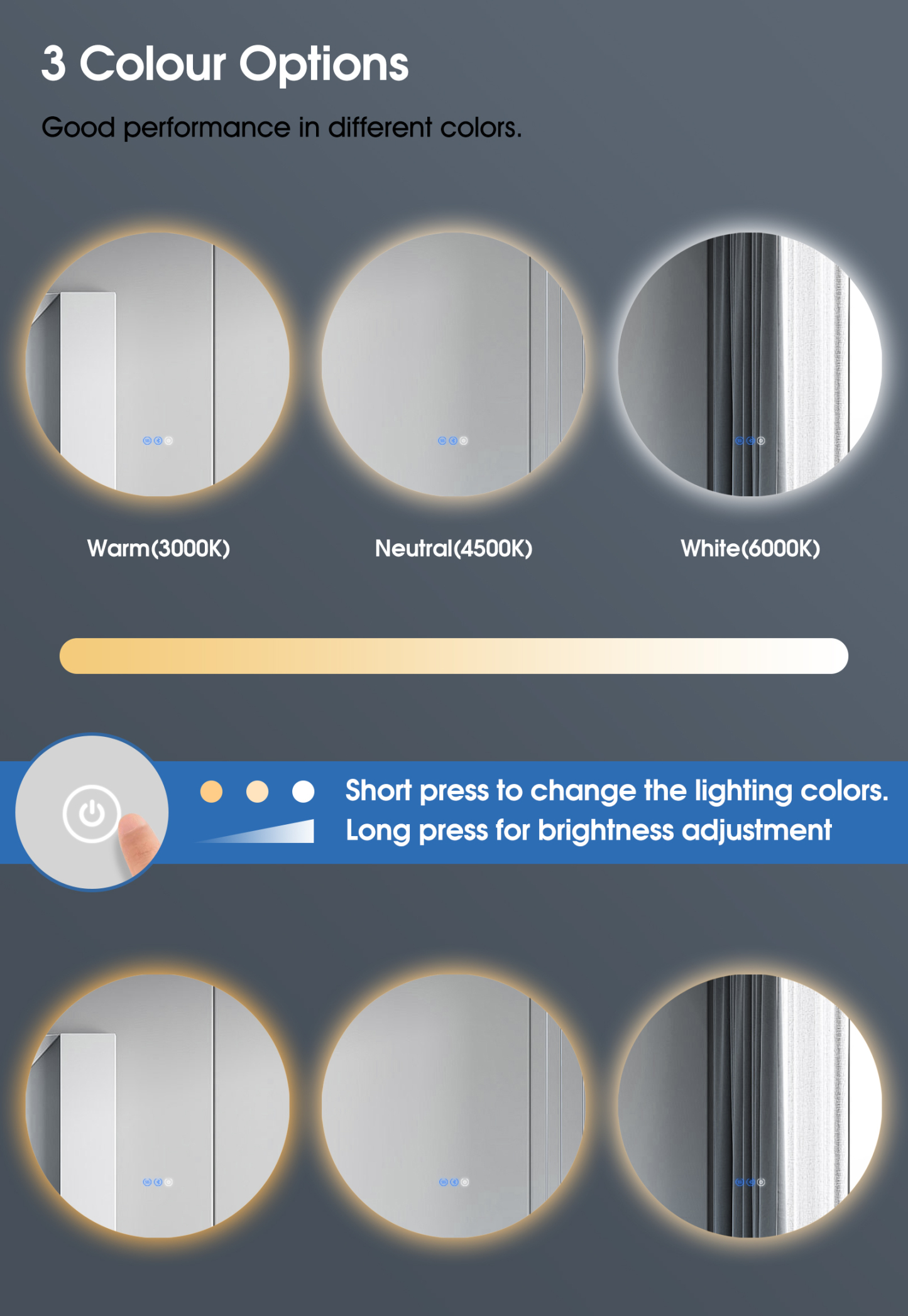 600 800mm Bathroom Round Backlit LED Mirror Touch Anti-fog Wall Mounted Bluetooth Make up Mirror