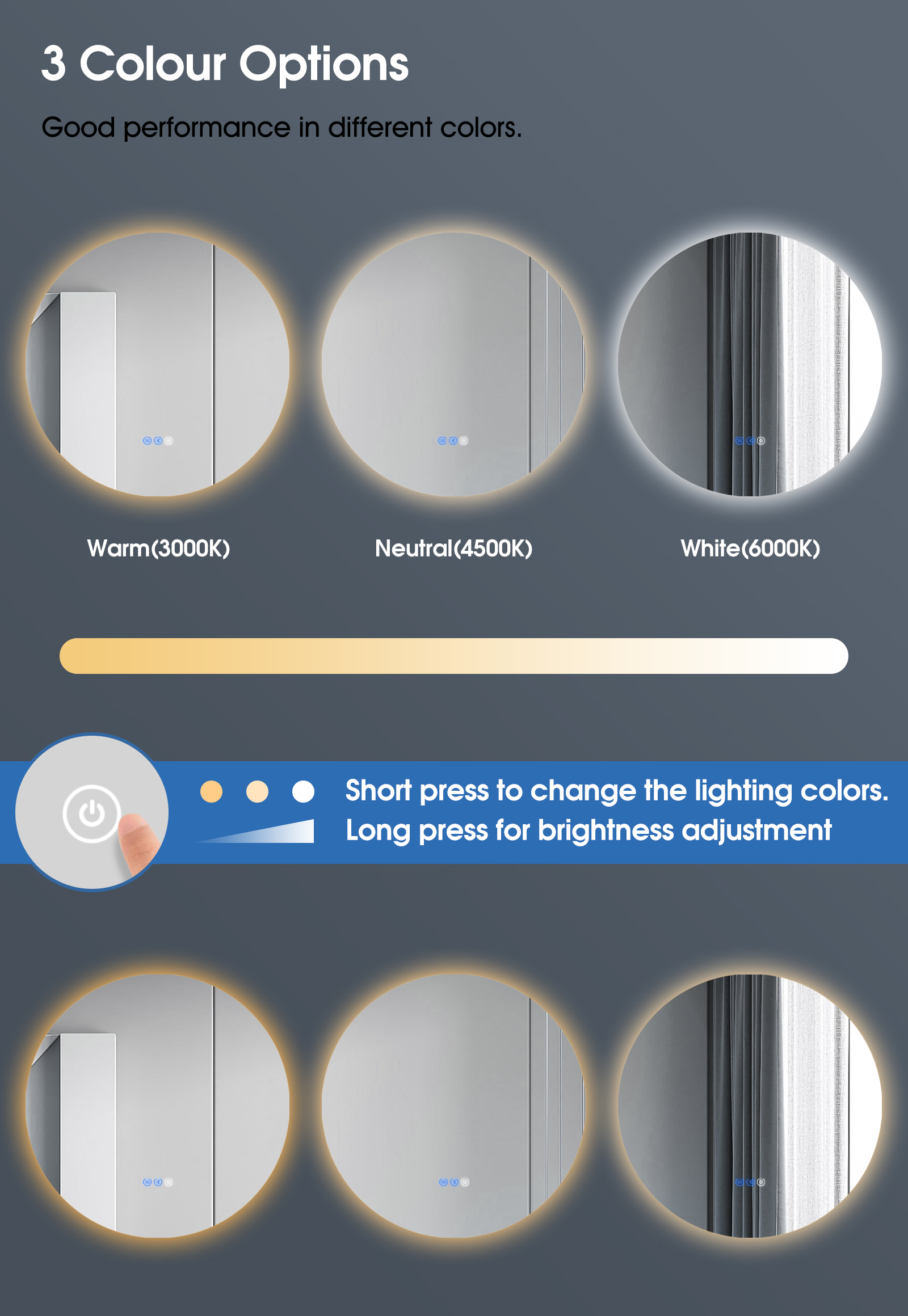 600 800mm Bathroom Round Backlit LED Mirror Touch Anti-fog Wall Mounted Bluetooth Make up Mirror