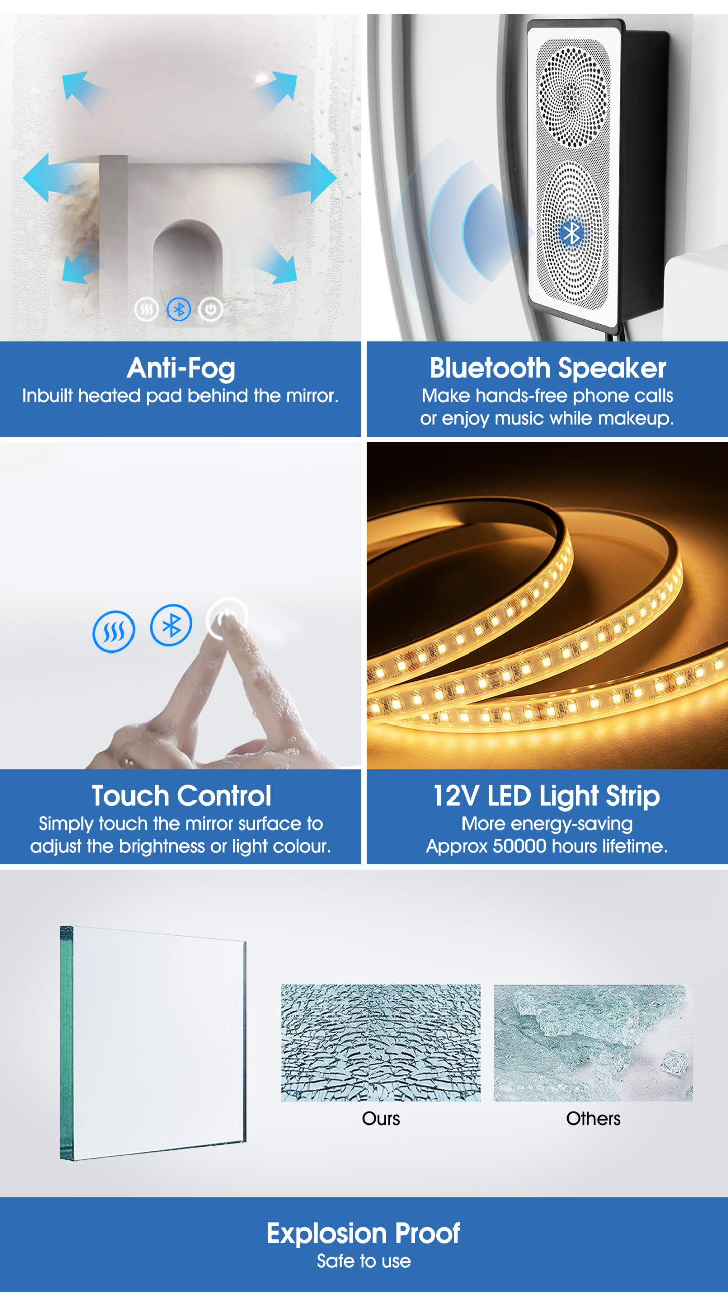 600 800mm Bathroom Round Backlit LED Mirror Touch Anti-fog Wall Mounted Bluetooth Make up Mirror