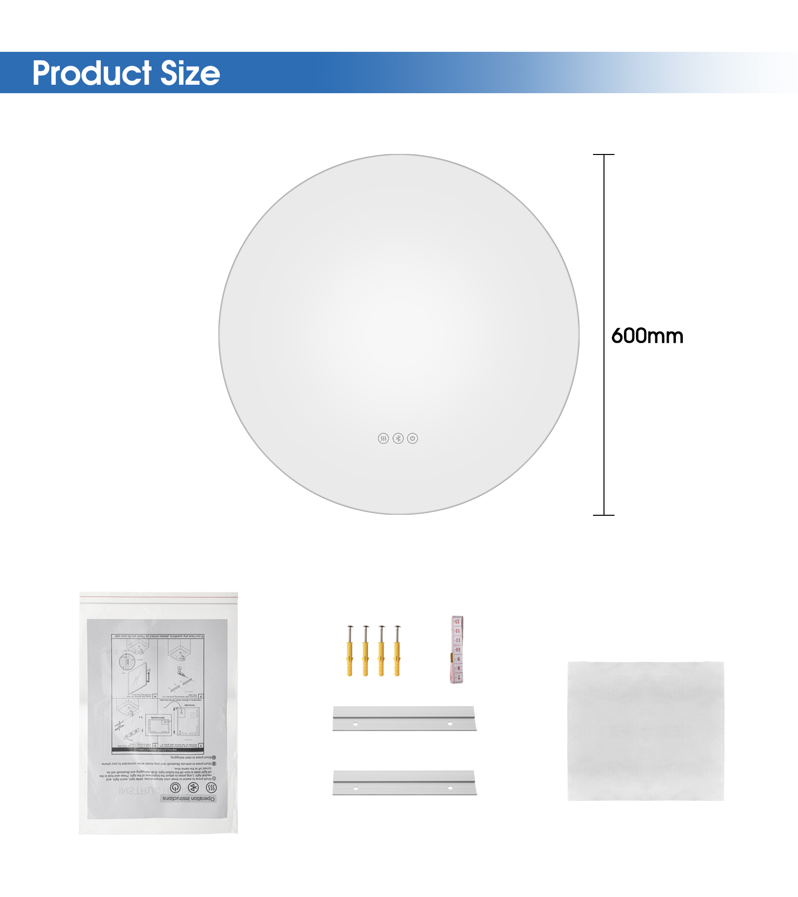 60 80cm Bathroom Round Backlit LED Mirror Touch Anti-fog Wall Mounted 
