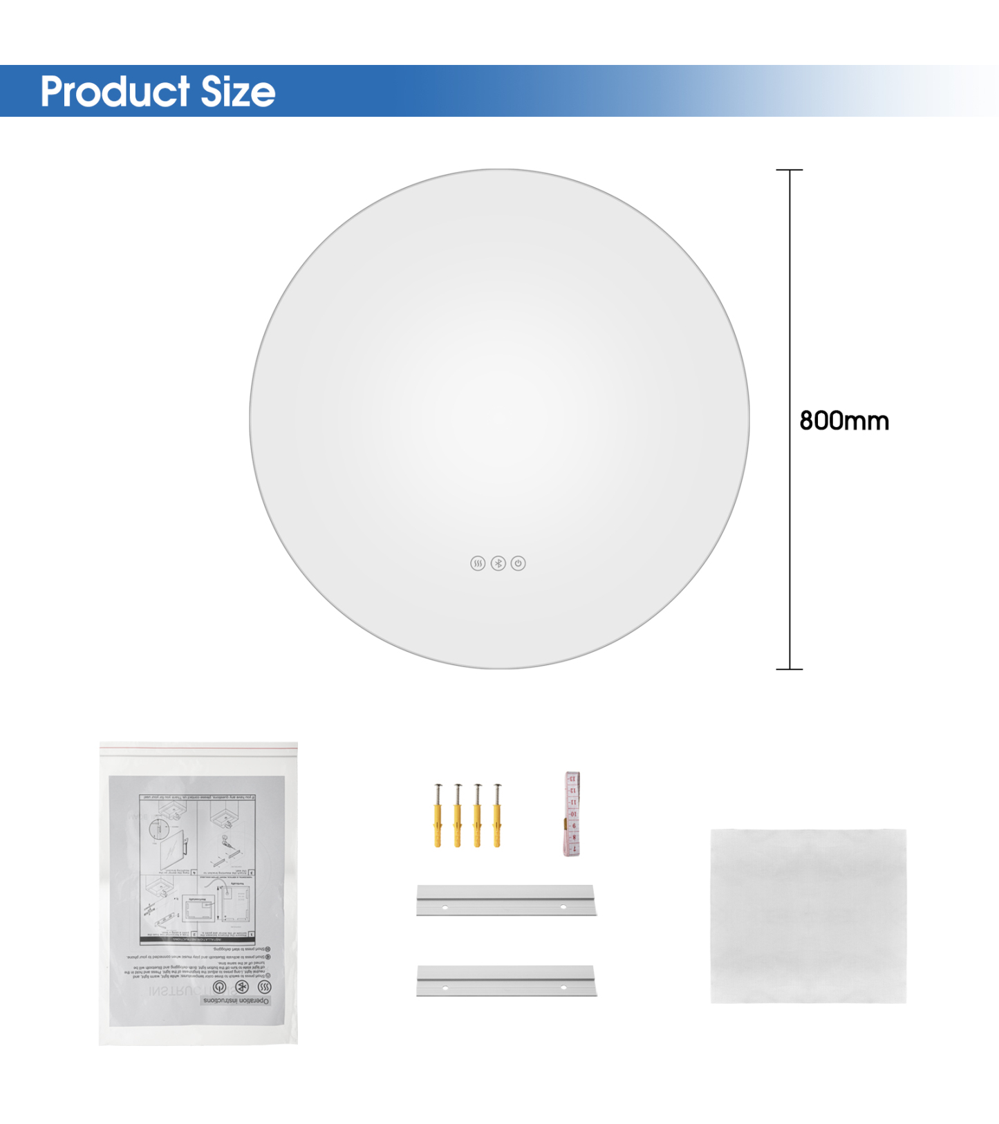 600 800mm Bathroom Round Backlit LED Mirror Touch Anti-fog Wall Mounted Bluetooth Make up Mirror