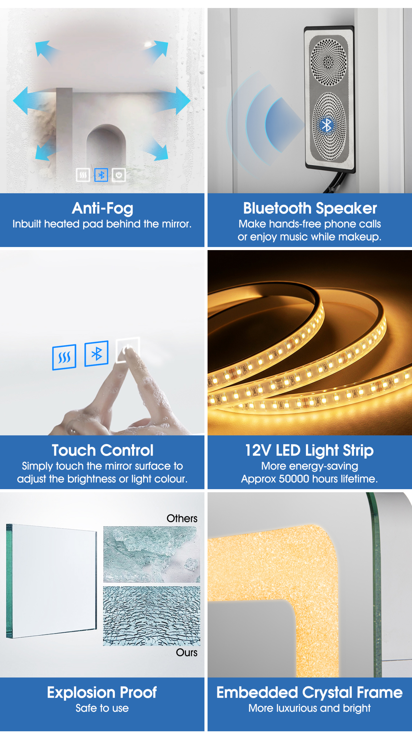 800/1000x600mm Wall LED Light Makeup Mirror Touch Bluetooth Speaker Defog Bathroom Vanity Mirror