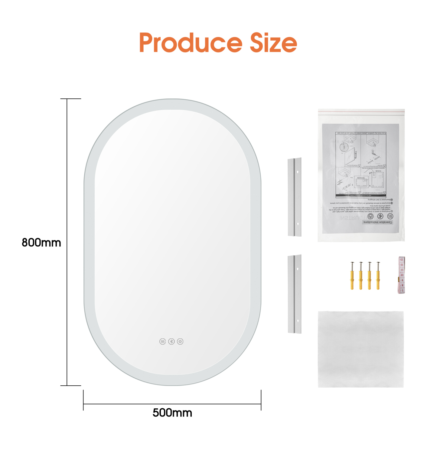 800x500mm Bathroom Vanity LED Light Make-up Mirror Touch Defog Bluetooth Oval