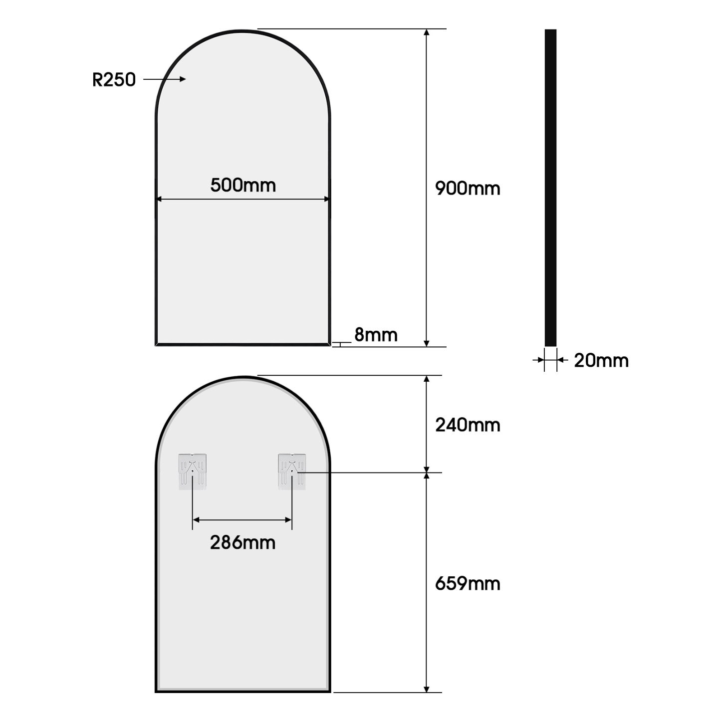 500*900mm Matte Black Aluminium Framed Make-up Wall Mounted Decor Mirror Arched Bracket