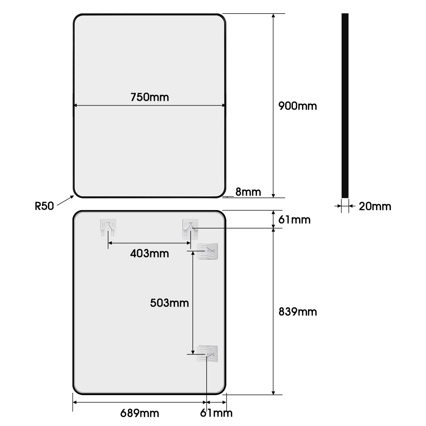 900*750mm Bedroom Matt Black Framed Aluminium Wall Mounted Vanity Mirror Decor Bracket Make up Mirror