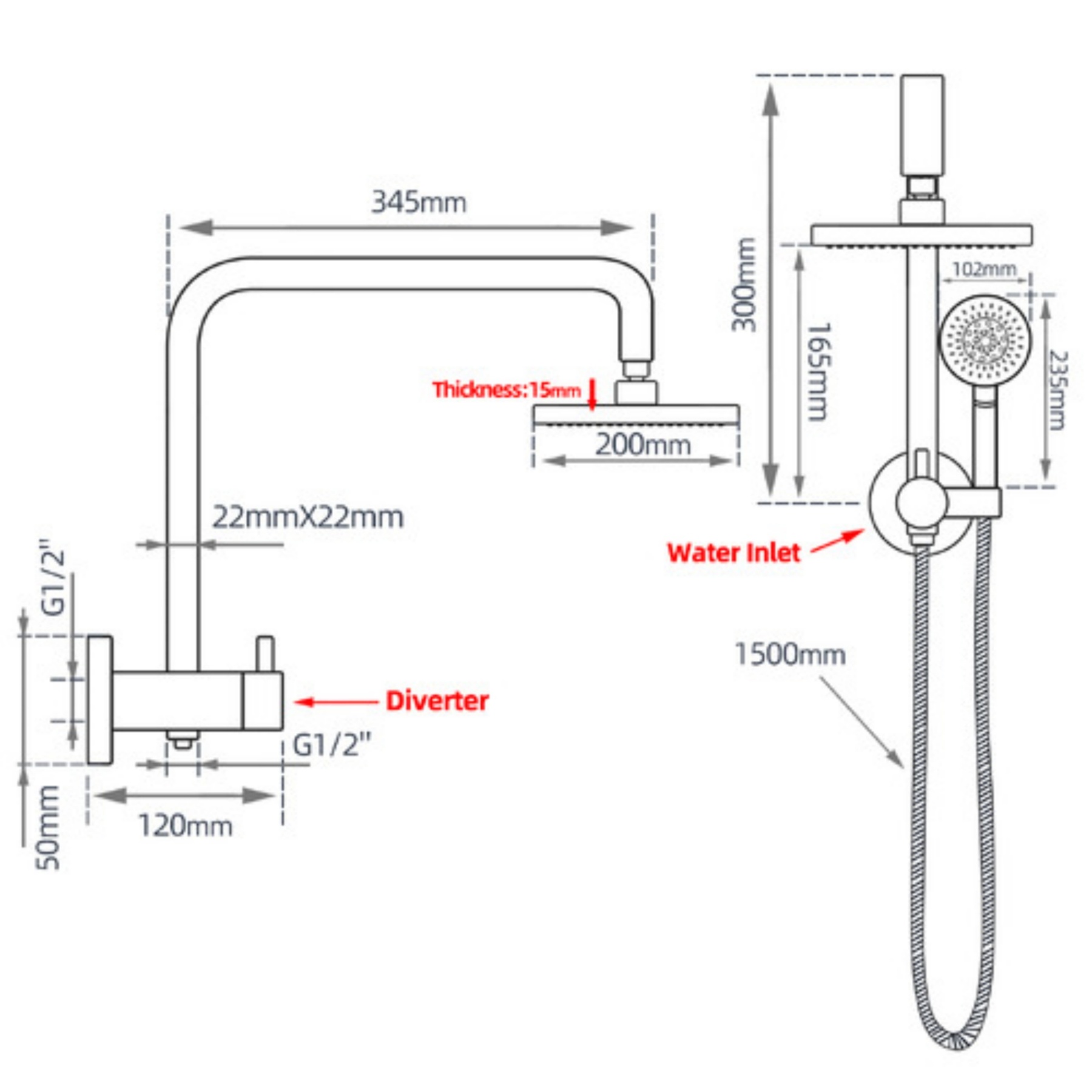 Chrome Rainfall Twin Shower Set Round 4 Function Spray Handheld Shower Head Gooseneck Arm Diverter Set