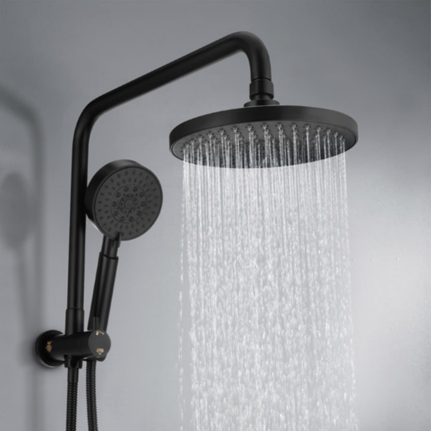 Chrome Rainfall Twin Shower Set Round 4 Function Spray Handheld Shower Head Gooseneck Arm Diverter Set