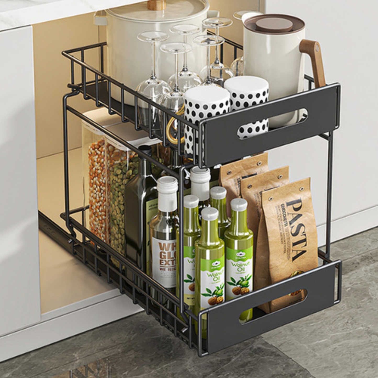 2 Tier Pull-Out Under Sink Organizer Rack Kitchen Bathroom Essentials Storage Pull-Out Cabinet Drawer Black