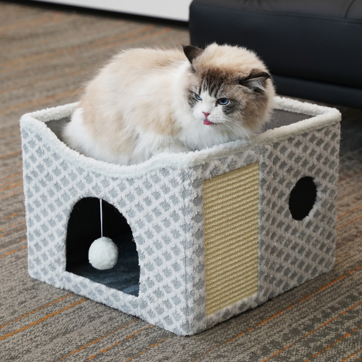 Foldable Indoor Pet Bed Cat Cave Felt Bed Scratch Pad Kitten Cat Hideaway House Grey/Blue