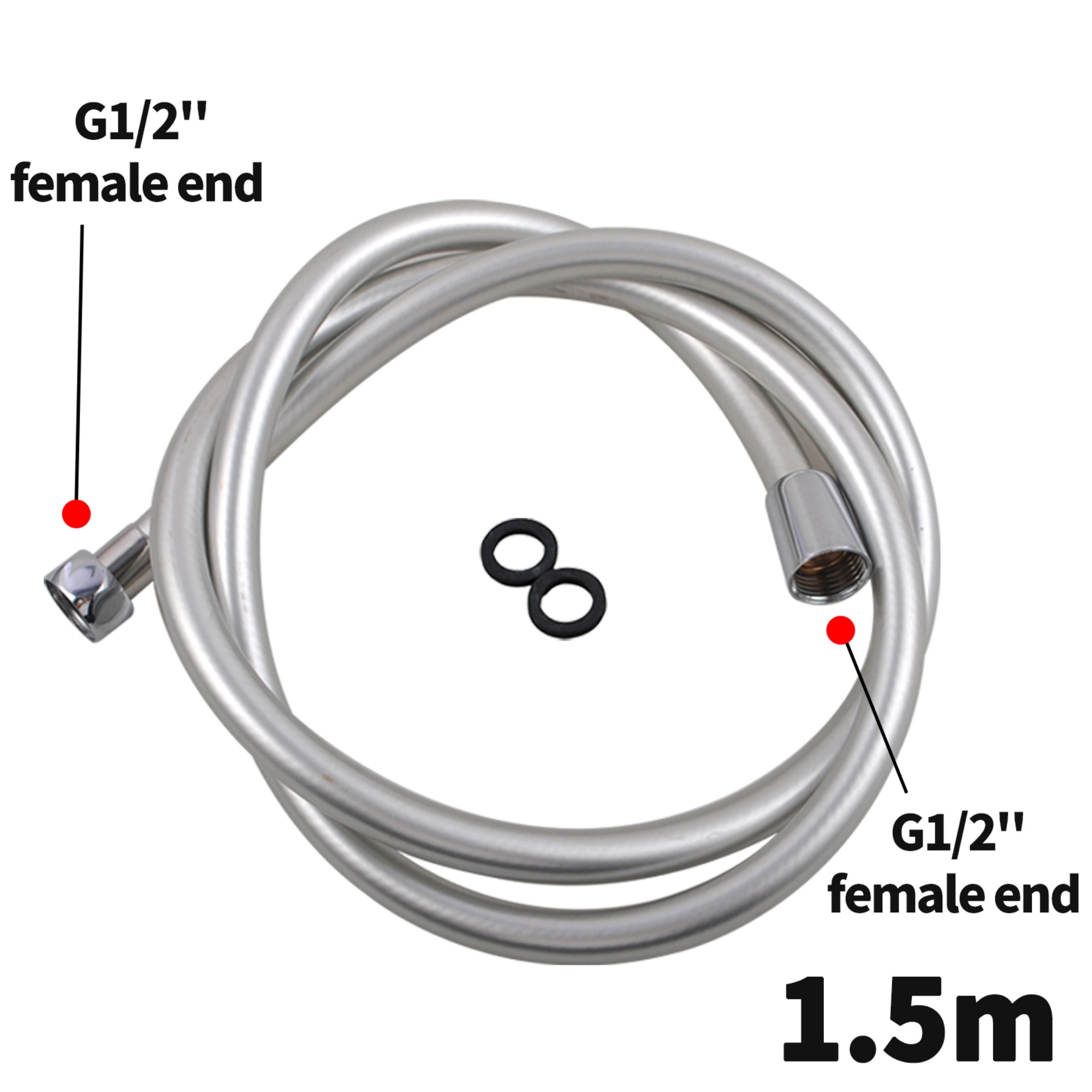 1500mm Flexible PVC Water Hose Bathroom Hand Held Shower Hose Pipe Connector Silver/Black