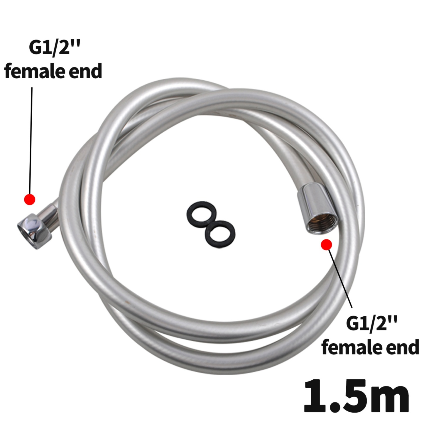 1500mm Flexible PVC Water Hose Bathroom Hand Held Shower Hose Pipe Connector Silver/Black