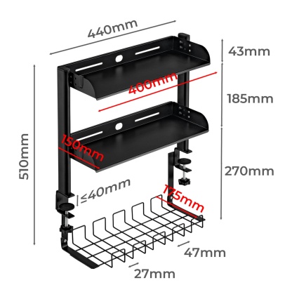 Clamp-on Cable Management Tray Desk Shelf Rack Under Desk Cable Holder Organizer Storage Rack Black