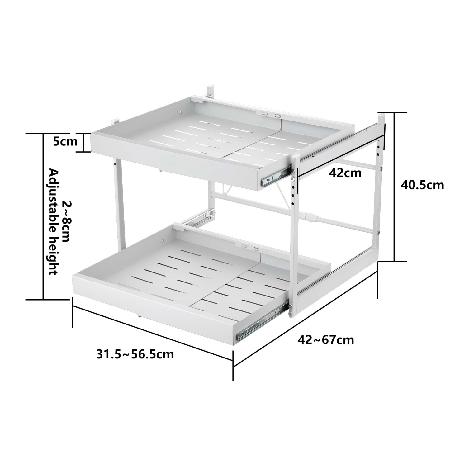 Kitchen Under Sink Cabinet Adjustable Width/Height Organizer Drawer Rack Pull Out Storage Holder Basket Shelf White