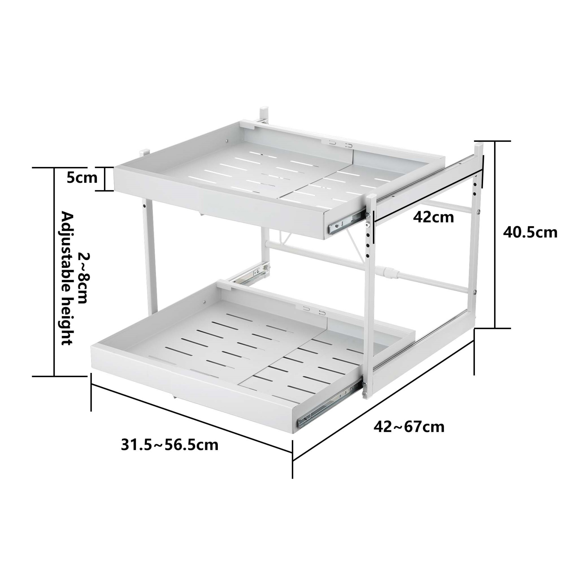 Kitchen Under Sink Cabinet Adjustable Width/Height Organizer Drawer Rack Pull Out Storage Holder Basket Shelf White