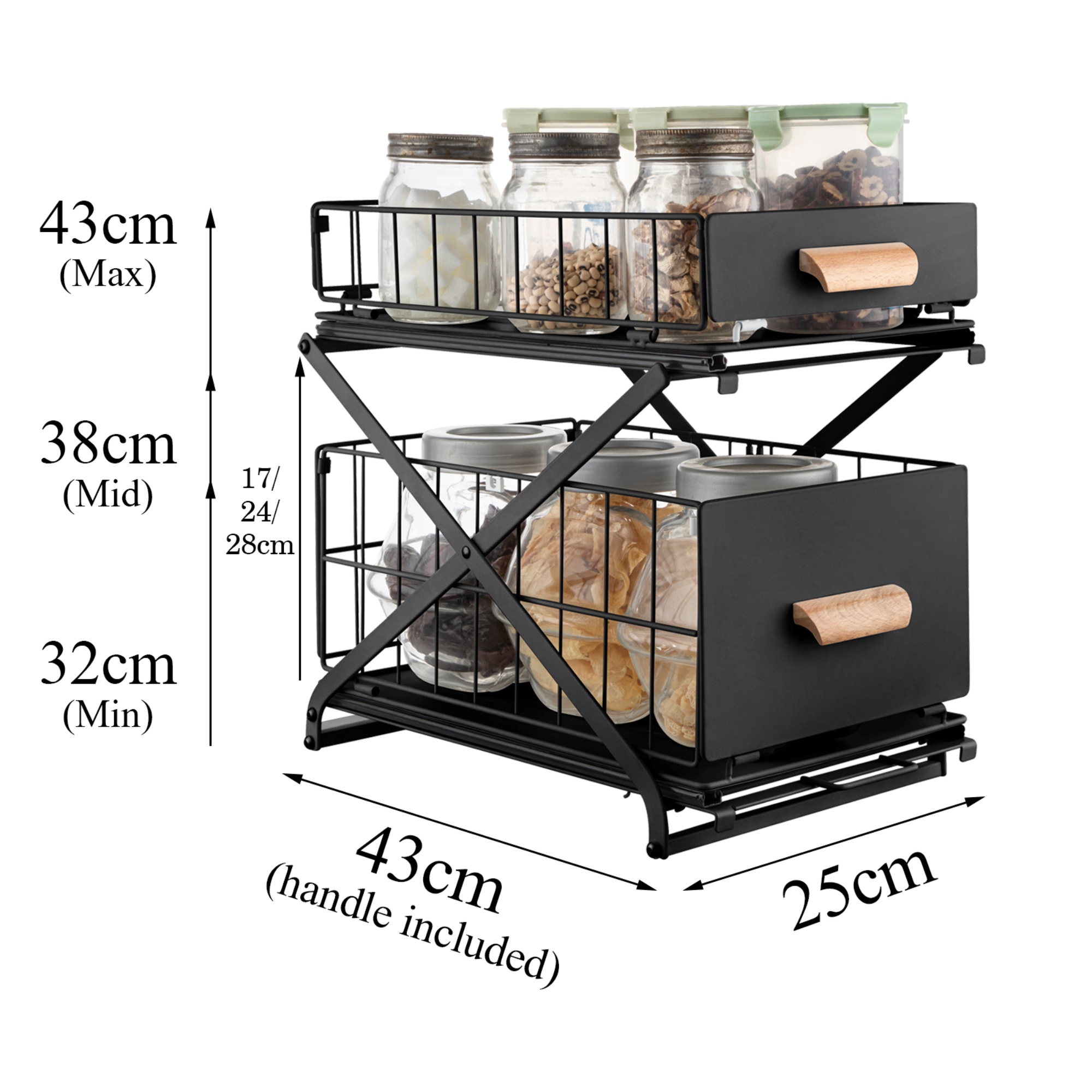 2 Tiers Slide-Out Kitchen Storage Rack Spice Jar Basket Adjustable Bathroom Cabinet Under Sink Organizer Shelf White / Black