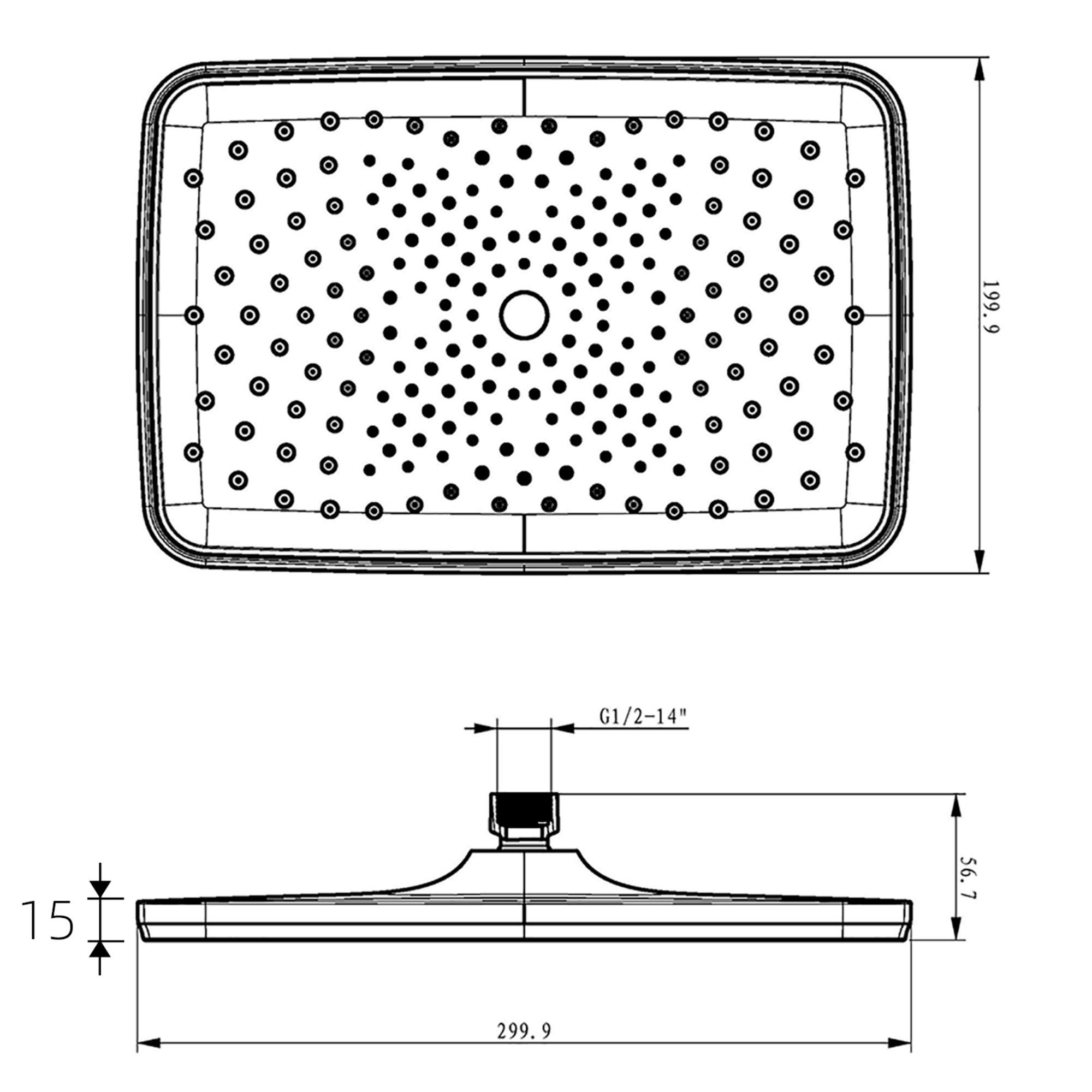 12'' 300mm Rectangular Rainfall Shower Head Bathroom Plastic Shower Head Rose