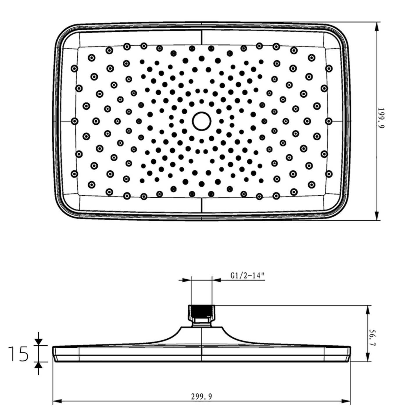 12'' 300mm Rectangular Rainfall Shower Head Bathroom Plastic Shower Head Rose