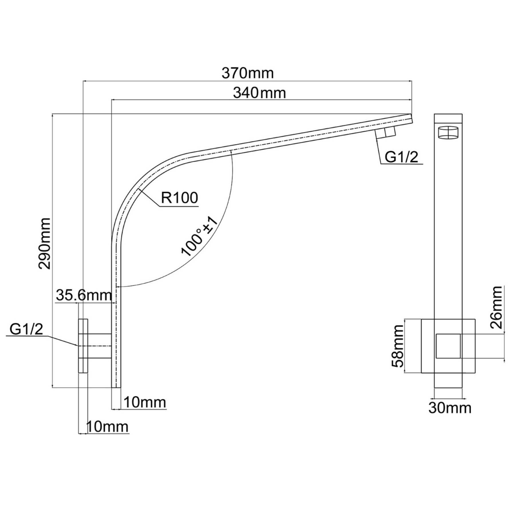 Square Wall Mounted Gooseneck Shower Arm Bathroom Extension Rainfall Shower Arm Chrome/Black