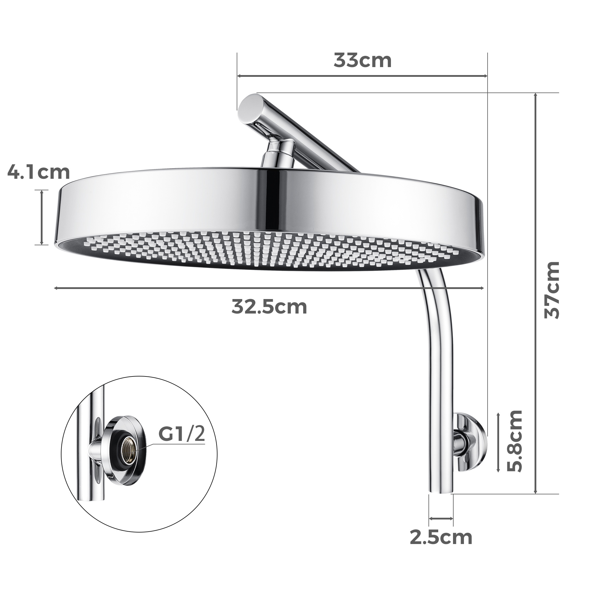13'' Round Bath Shower Head Set Bathroom Swivel Overhead Shower Head Gooseneck Wall Shower Arm Chrome/Black