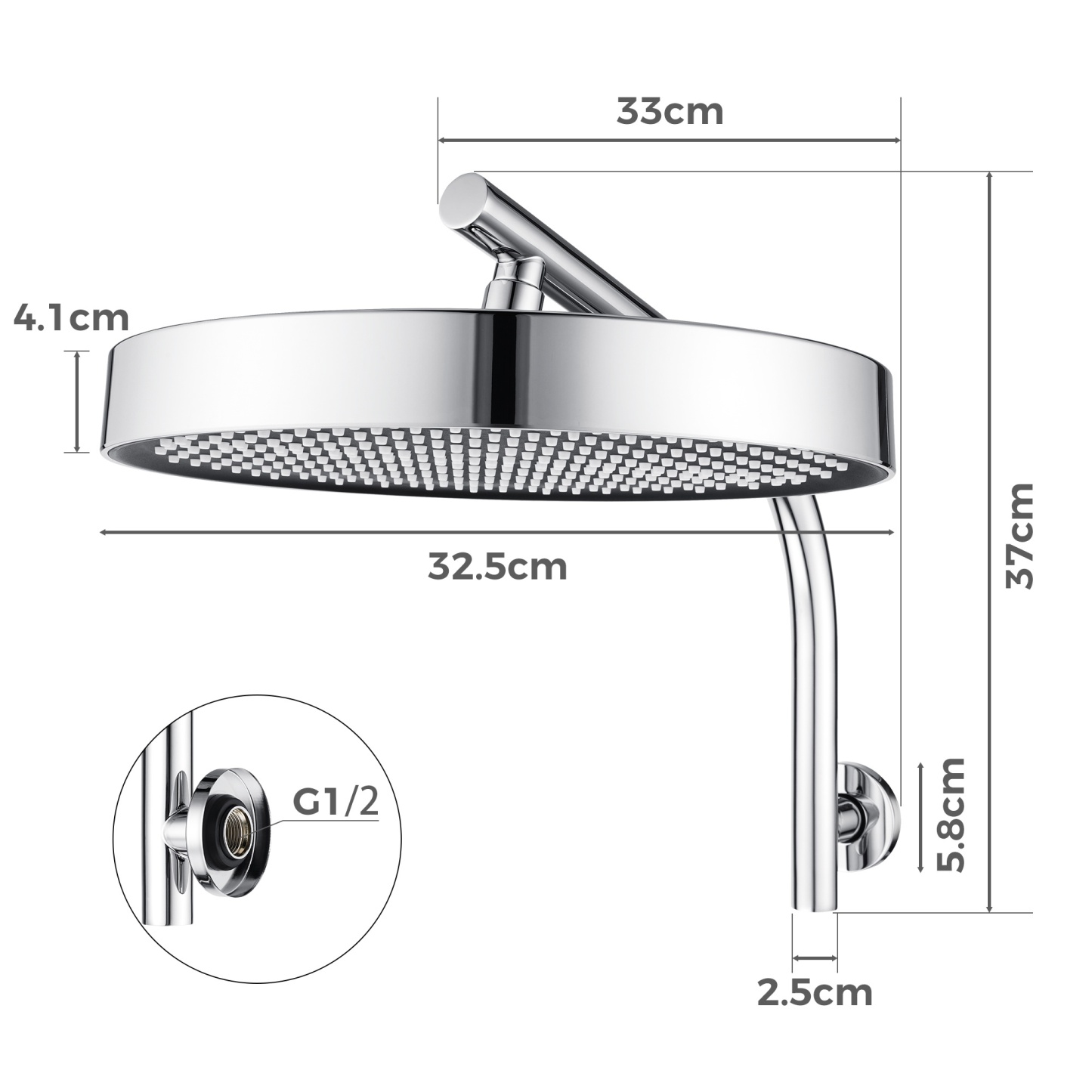 13'' Round Bath Shower Head Set Bathroom Swivel Overhead Shower Head Gooseneck Wall Shower Arm Chrome/Black