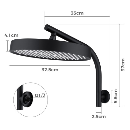 13'' Round Bath Shower Head Set Bathroom Swivel Overhead Shower Head Gooseneck Wall Shower Arm Chrome/Black