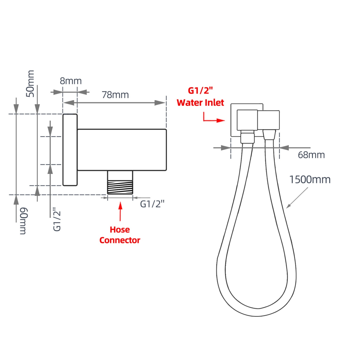 Bathroom Wall Mounted Square Swivel Handheld Shower Head Holder Bracket 1.5m Shower Hose Inlet Connector Chrome/Black