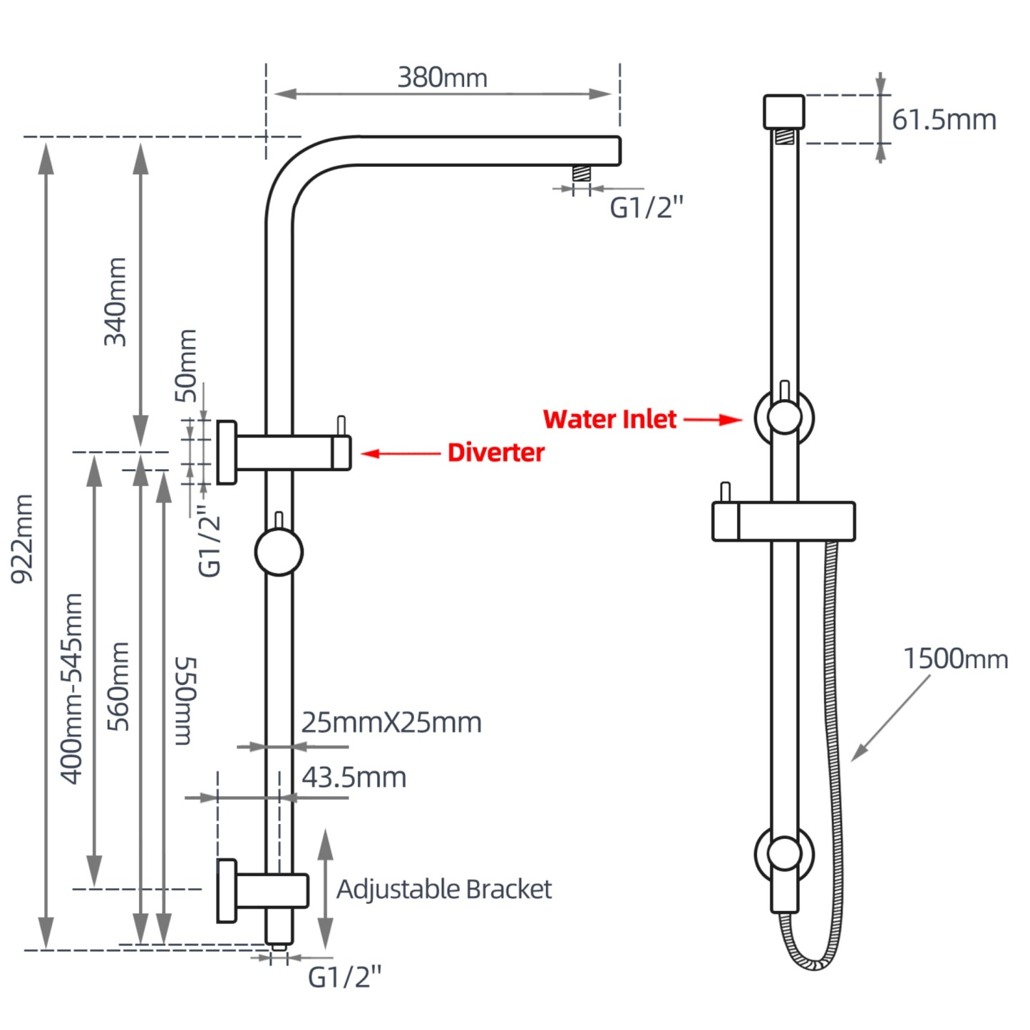 Chrome Round Twin Shower Head Rail Body Sliding Rail Wall Arm Diverter Shower Hose for Handheld Shower Head 