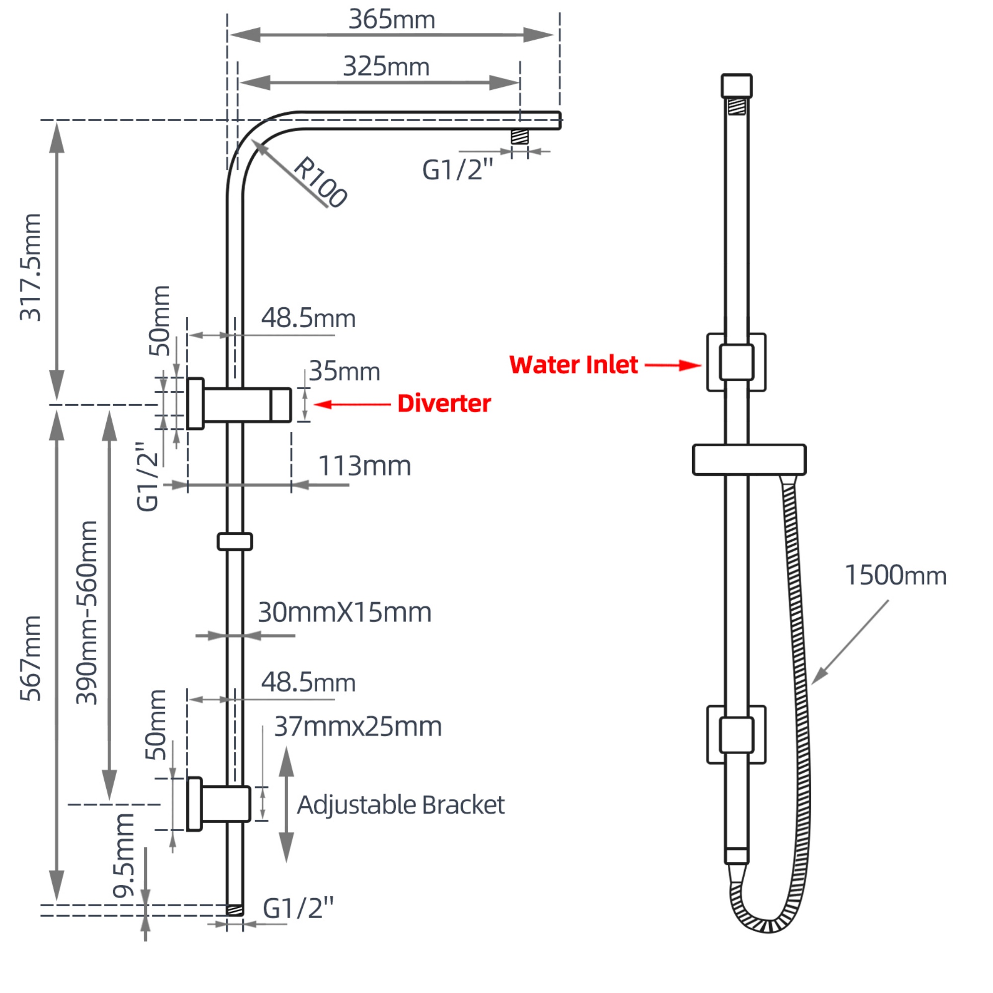 Bathroom Square Twin Rail Shower Body Sliding Rail Gooseneck Wall Arm Diverter 1.5m Shower Hose Chrome/Black